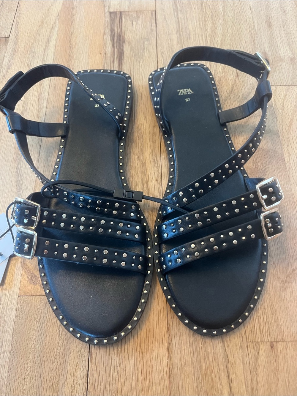 Zara Black Studded Strappy Flat Sandals